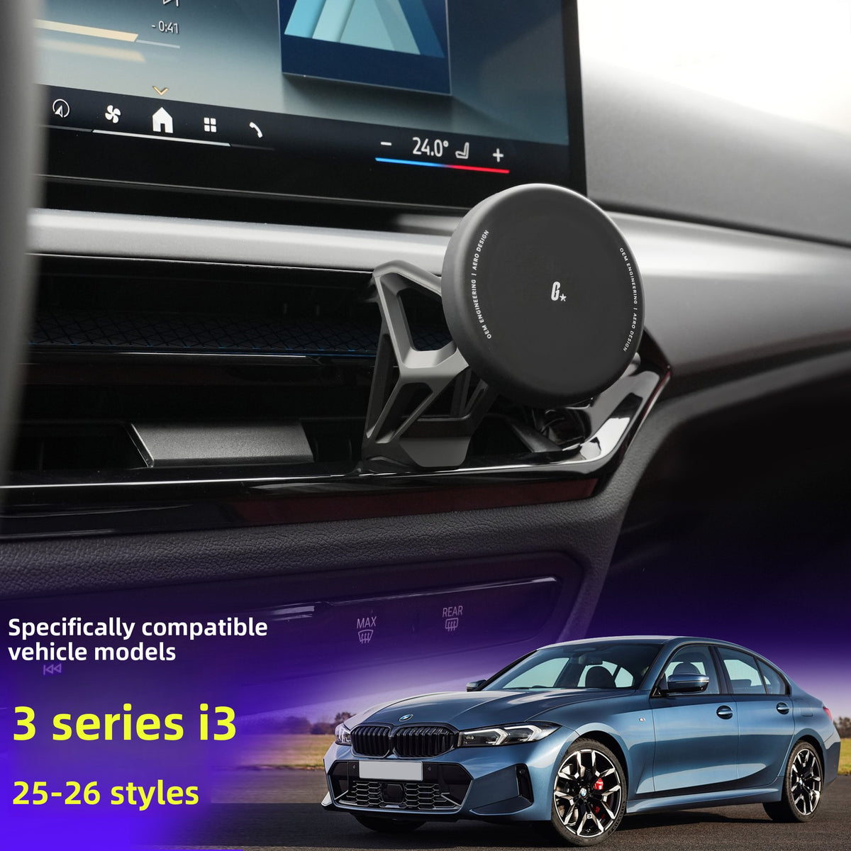 BimmerCo Clip-On Phone Holder for BMW 3 Series i3 4 Series i4 M2 M3 M4 2025-2026 – Custom Fit No-Adhesive Car Mount