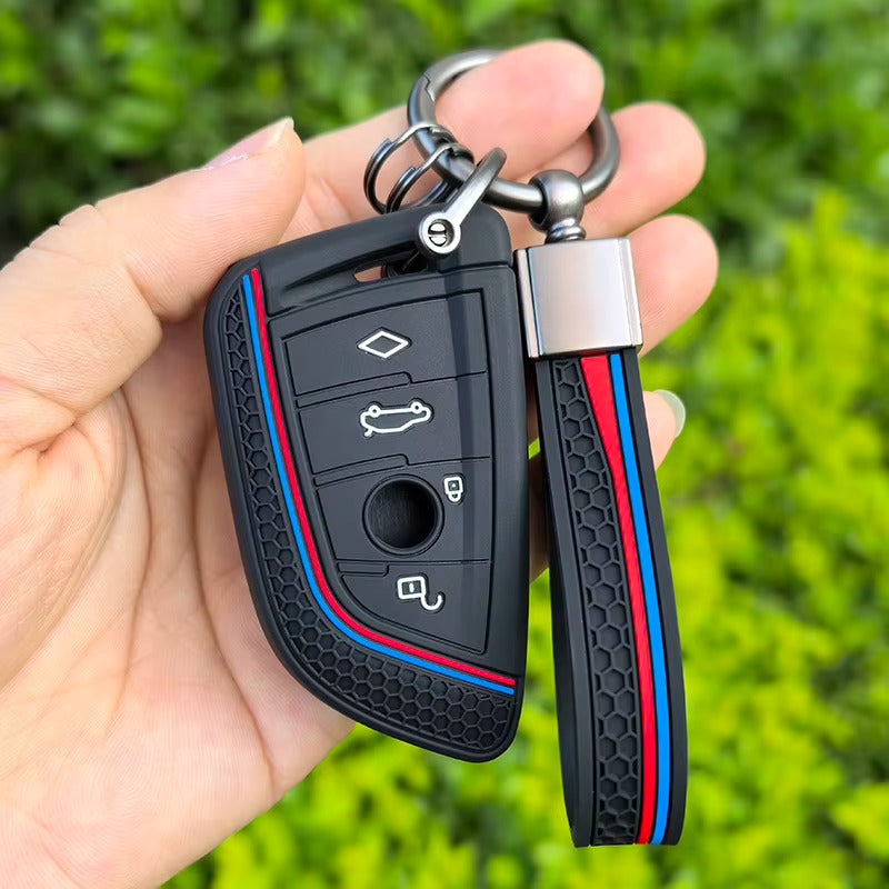 BimmerCo Silicone Car Key Fob Cover with Keychain for BMW 1 2 3 4 5 6 7 Series X1 X3 X4 X5 X6 X7 – Protective Key Case
