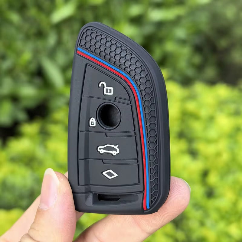 BimmerCo Silicone Car Key Fob Cover with Keychain for BMW 1 2 3 4 5 6 7 Series X1 X3 X4 X5 X6 X7 – Protective Key Case