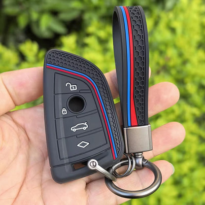 BimmerCo Silicone Car Key Fob Cover with Keychain for BMW 1 2 3 4 5 6 7 Series X1 X3 X4 X5 X6 X7 – Protective Key Case