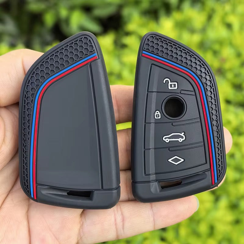 BimmerCo Silicone Car Key Fob Cover with Keychain for BMW 1 2 3 4 5 6 7 Series X1 X3 X4 X5 X6 X7 – Protective Key Case
