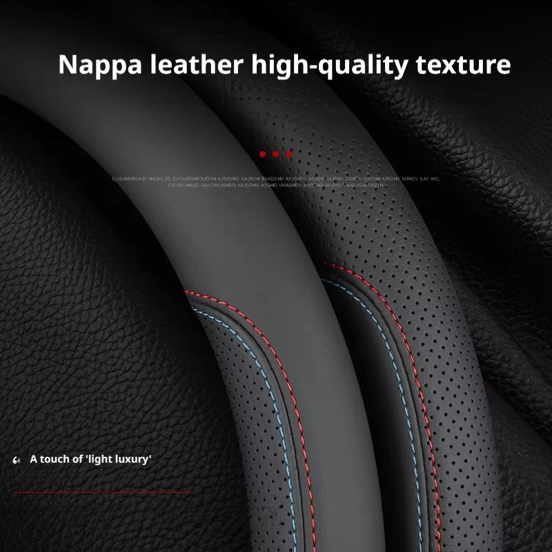 BimmerCo For BMW Steering Wheel Cover 15 Inch Black Nappa Leather Ultra‑Thin Premium 1 3 5 7 Series X1 X3 X5 X6 X7 2018-2026