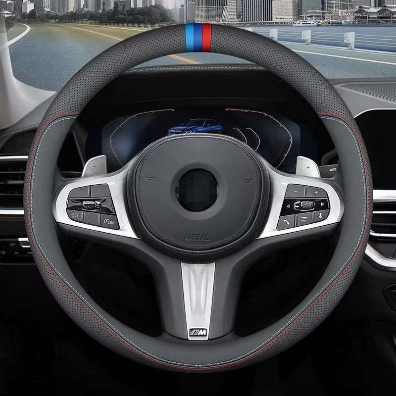 BimmerCo For BMW Steering Wheel Cover 15 Inch Black Nappa Leather Ultra‑Thin Premium 1 3 5 7 Series X1 X3 X5 X6 X7 2018-2026