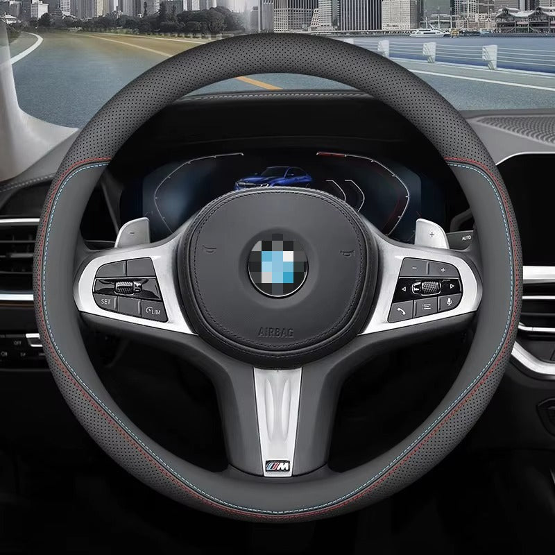 BimmerCo For BMW Steering Wheel Cover 15 Inch Black Nappa Leather Ultra‑Thin Premium 1 3 5 7 Series X1 X3 X5 X6 X7 2018-2026